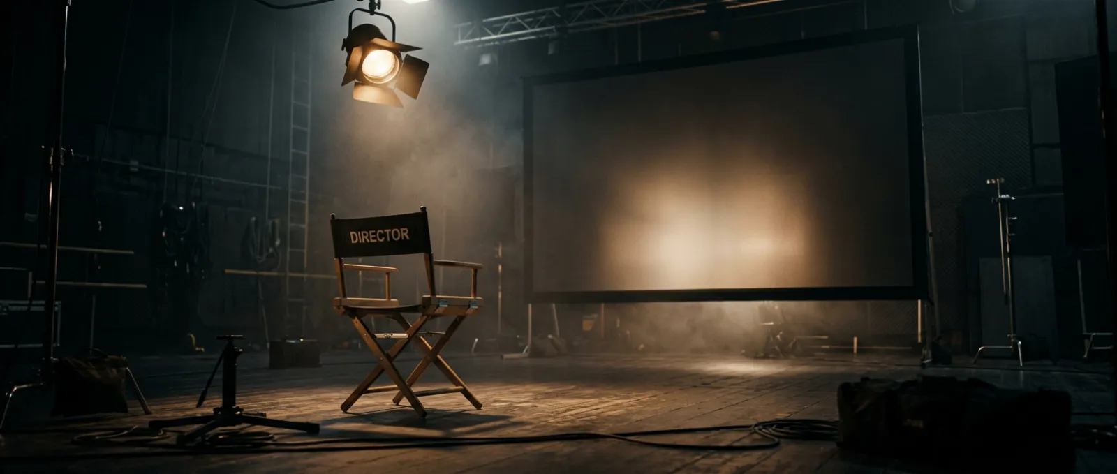 Empty director chair facing a large projection screen in a dark film studio with dramatic spotlighting