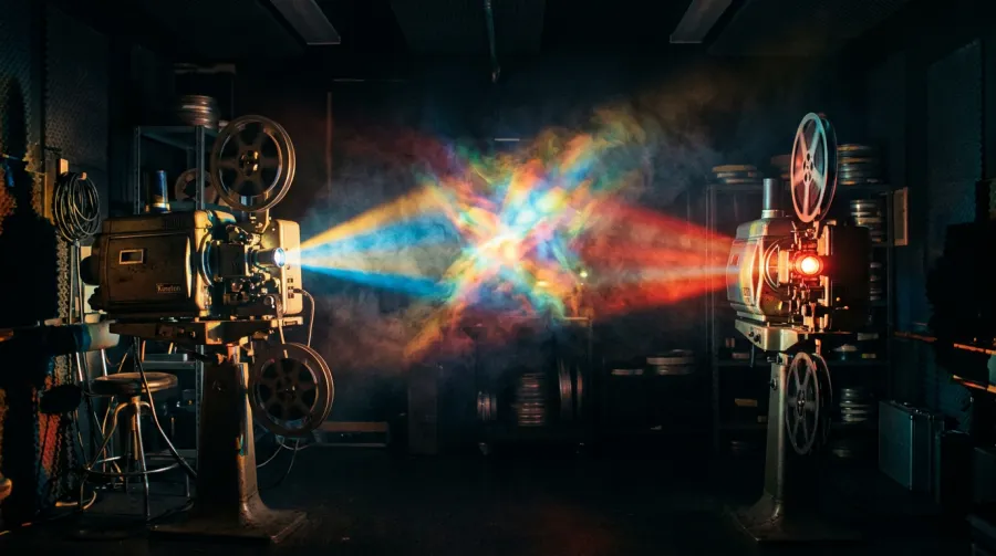Two vintage film projectors facing each other with colorful light beams crossing in a dark room