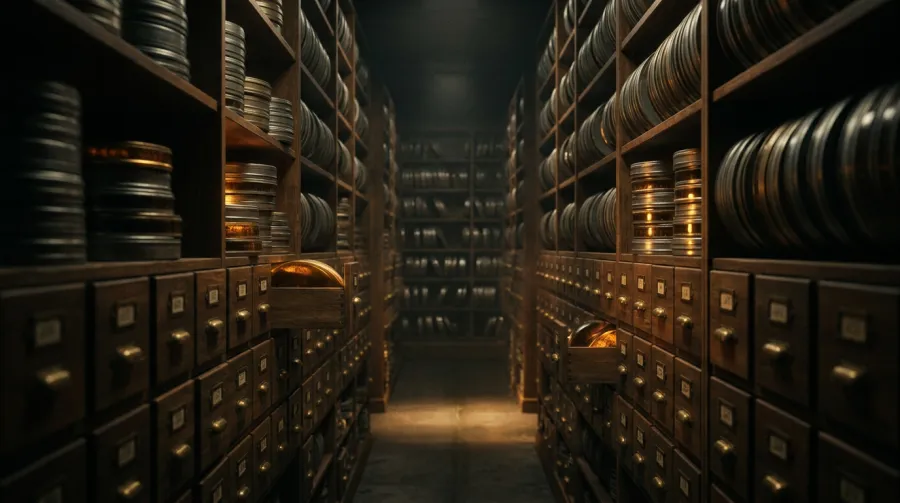 Rows of wooden shelves filled with stacks of vintage film canisters in a dim, atmospheric archive room