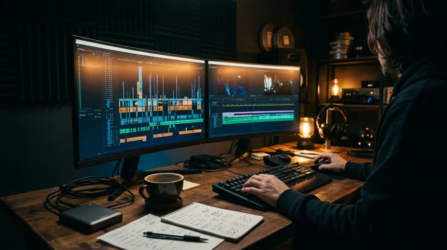 Video editor working at a desk with dual monitors displaying complex editing software timelines