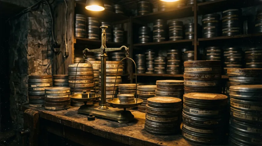 Vintage brass balance scale resting on a wooden table surrounded by stacks of film canisters