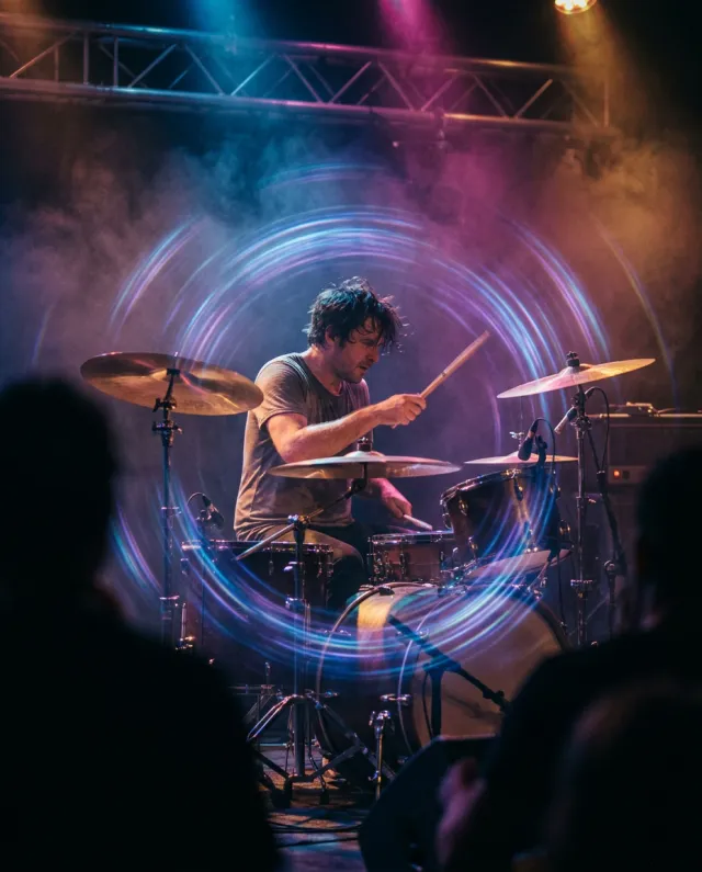 Drummer performing on stage surrounded by swirling rings of blue and purple light