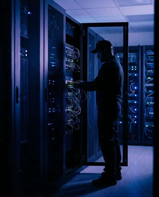 Technician working on server racks in a dimly lit data center bathed in cool blue light