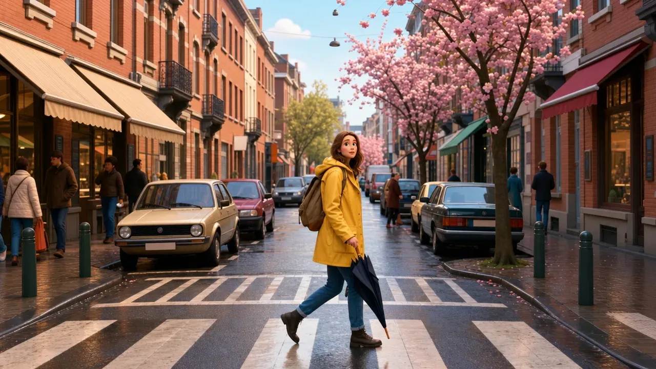Woman in a yellow raincoat crossing a city street lined with brick buildings and blooming cherry trees