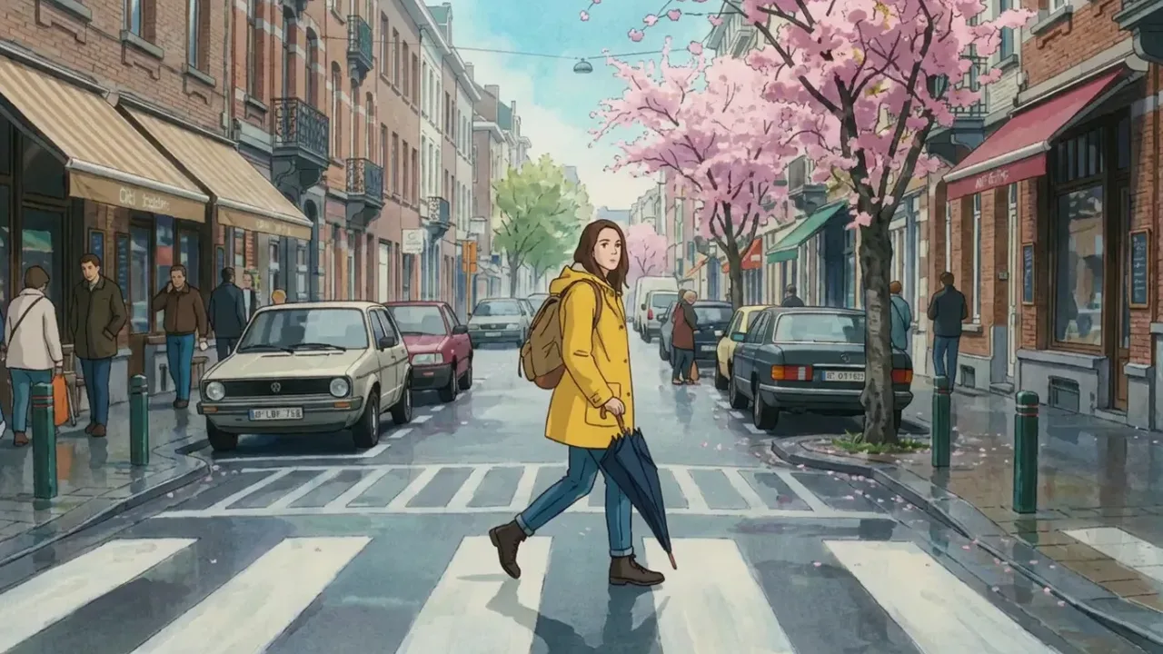 Anime style illustration of a woman in a yellow raincoat crossing a city street with cherry blossoms
