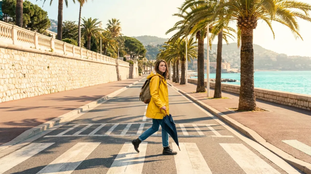 Woman in a yellow raincoat crossing a sunny coastal street lined with palm trees and a stone wall