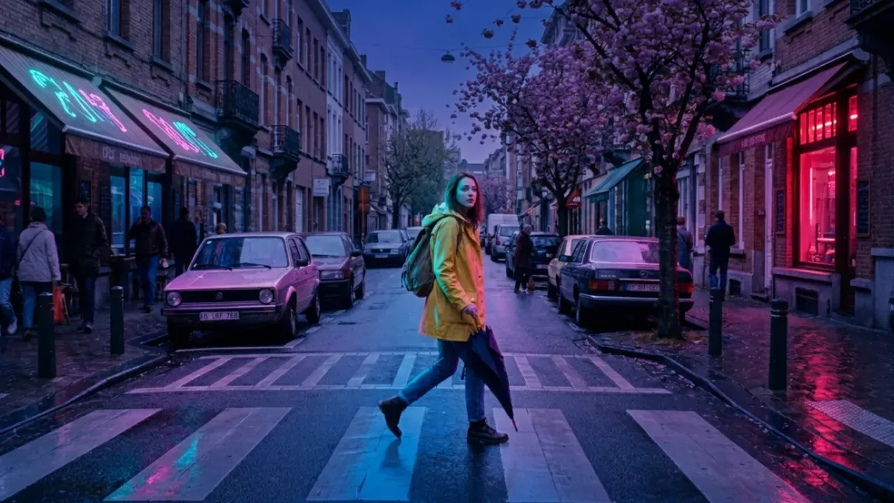 Person in a yellow raincoat crossing a city street at night with neon signs and cherry blossoms