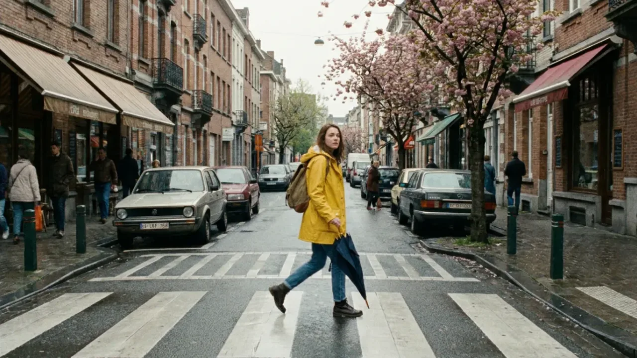 Original live-action frame: a woman in a yellow raincoat crossing a city street