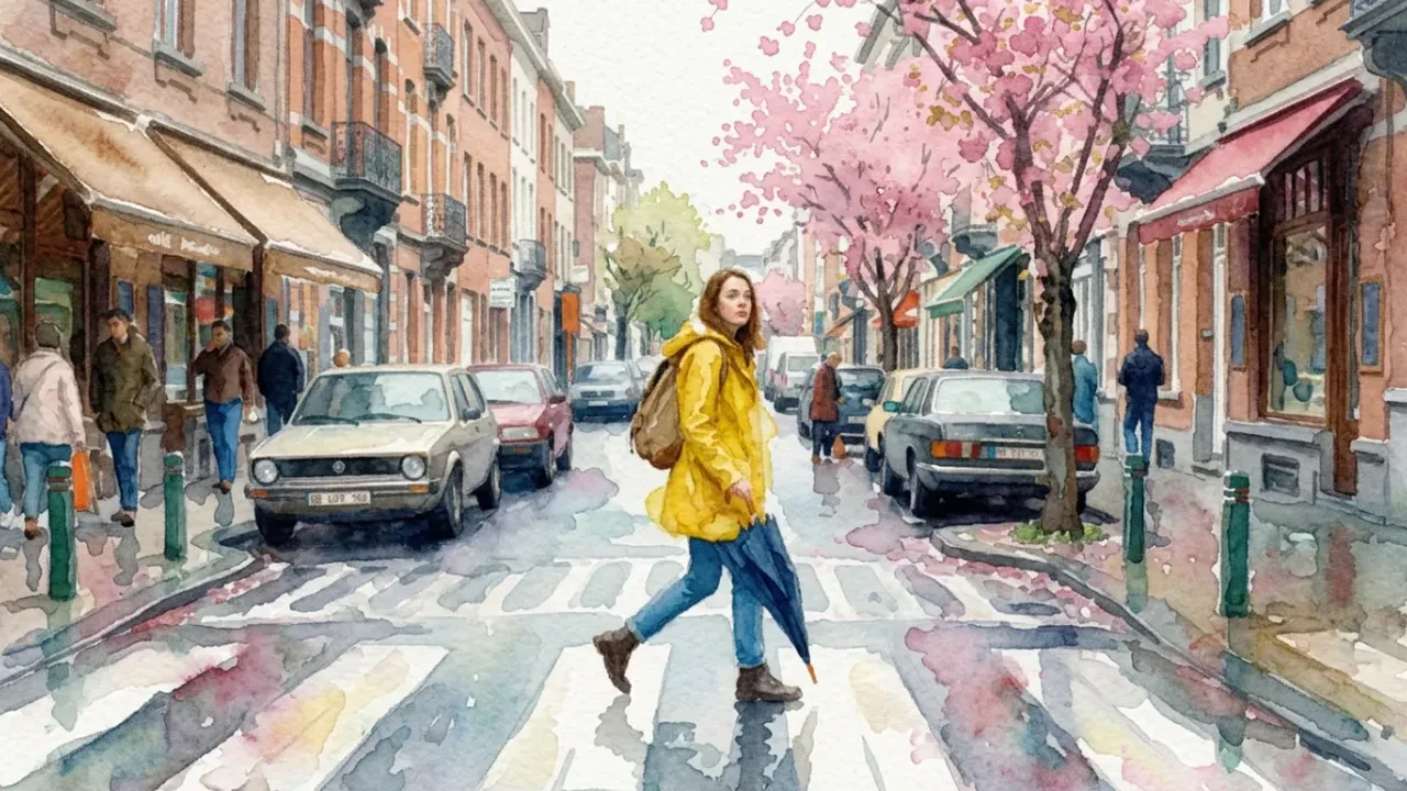 Watercolor painting of a person in a yellow raincoat crossing a city street with blooming cherry trees