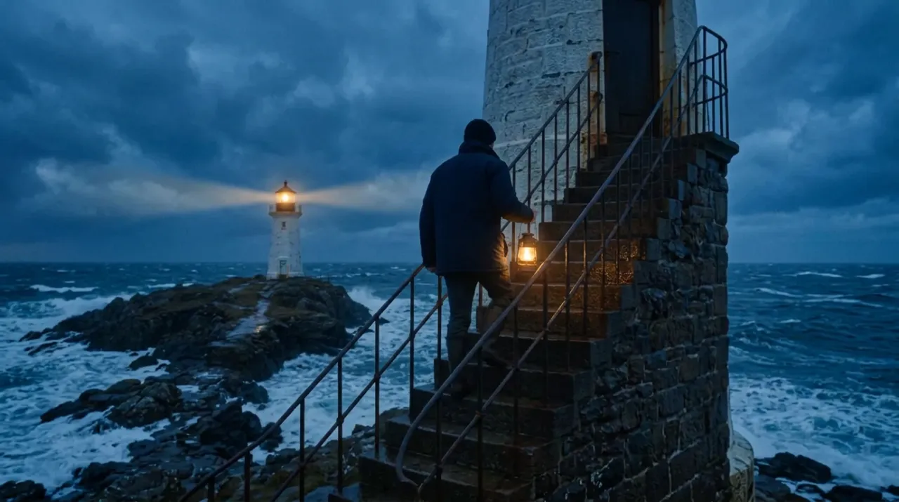 Lighthouse keeper scene, shot 2: medium shot