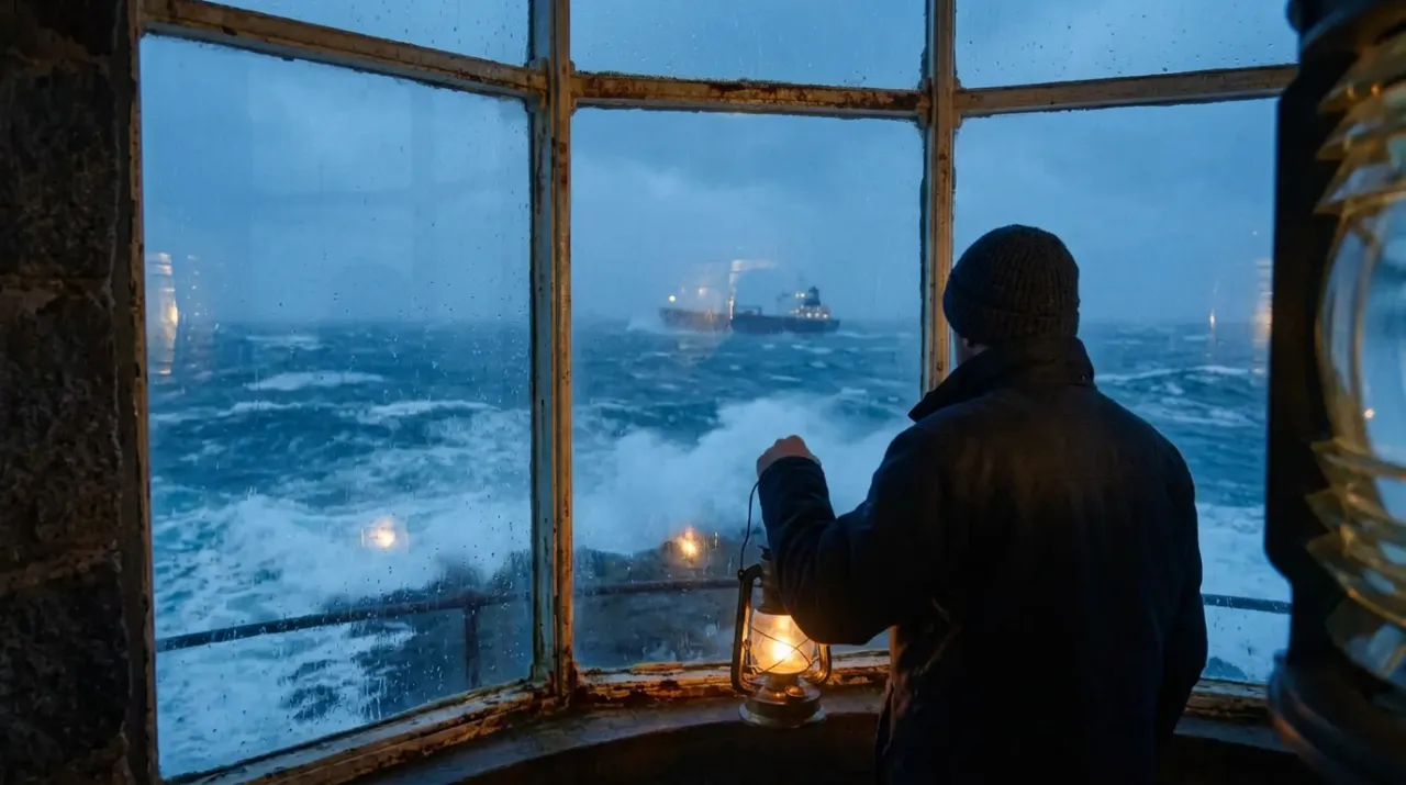 Lighthouse keeper scene, shot 4: over-the-shoulder