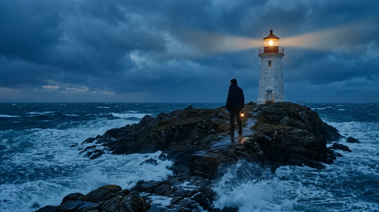 Lighthouse keeper scene, shot 1: wide shot