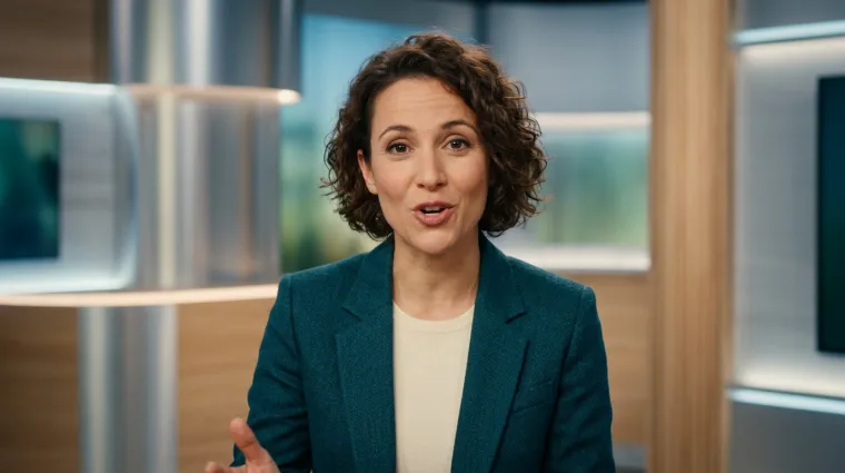 Curly-haired news anchor in a teal blazer speaking in a modern studio for an AI video generator