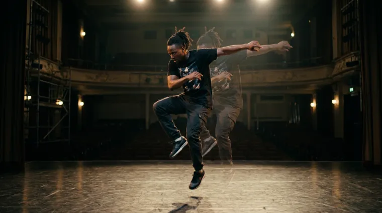 Dancer leaping on a dark theater stage with a motion blur effect showing his movement