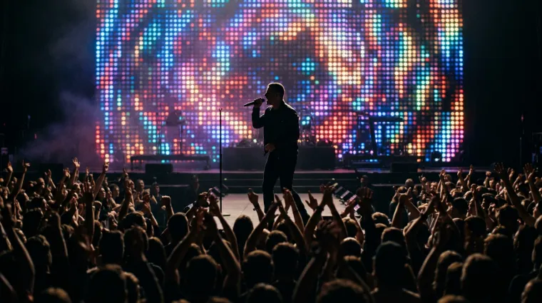 A singer in front of a wall of concert lights, a beat-synced music video scene
