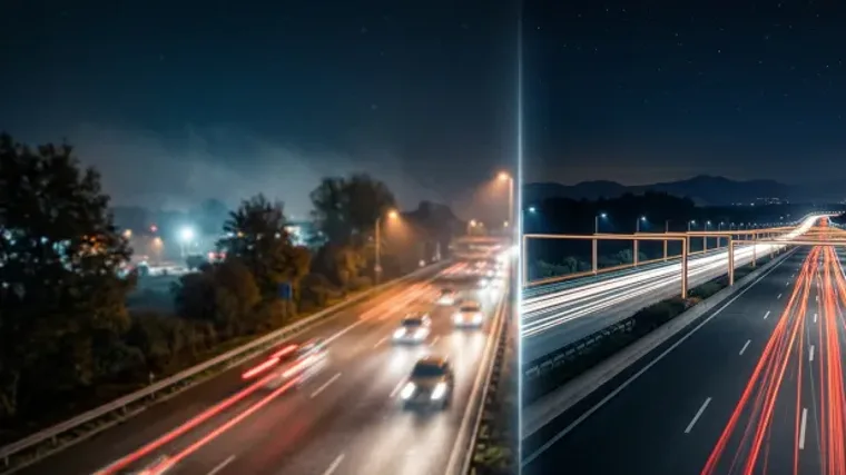 Split view of a highway at night showing blurred car headlights and long exposure light trails