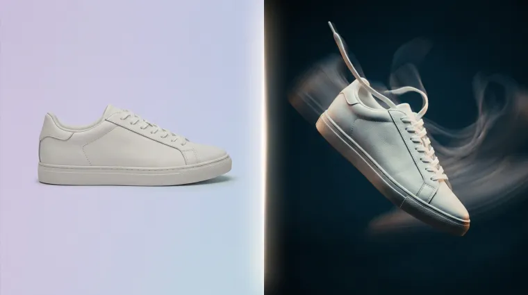 Split screen showing a static white sneaker on a light background and a motion-blurred sneaker in mid-air
