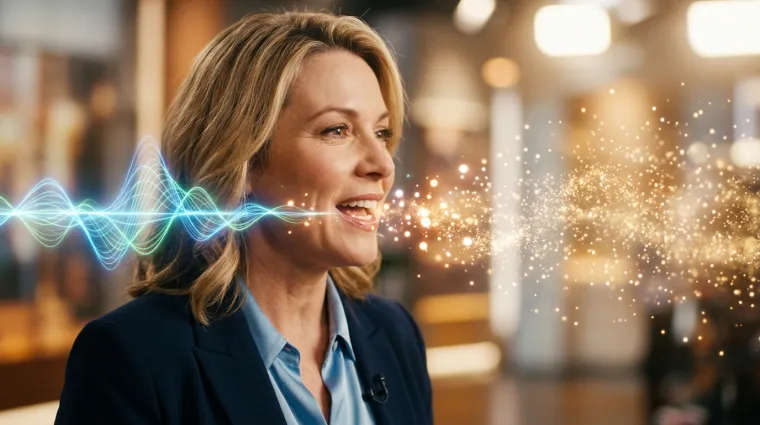 Blonde woman speaking with a blue sound wave graphic transitioning into golden light particles