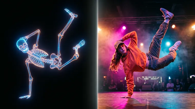Neon skeleton overlay matching a breakdancer performing a one-handed freeze on a stage