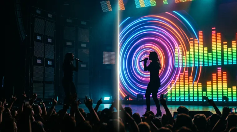Silhouetted singer performing on stage before a large screen with colorful circular patterns and audio bars