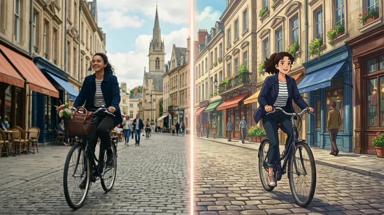 Side by side comparison of a woman cycling on a cobblestone street and an anime version of the same scene