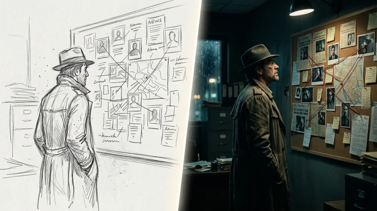 Side by side comparison of a detective sketch and a realistic scene of a man looking at a clue board