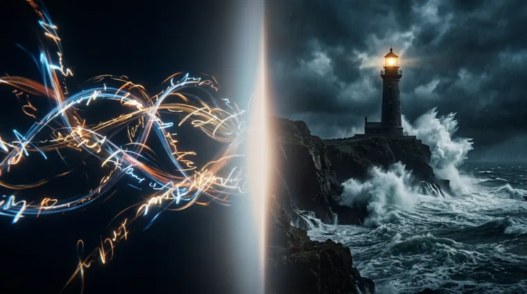 Abstract glowing light trails transitioning into a lighthouse shining over a stormy ocean at night