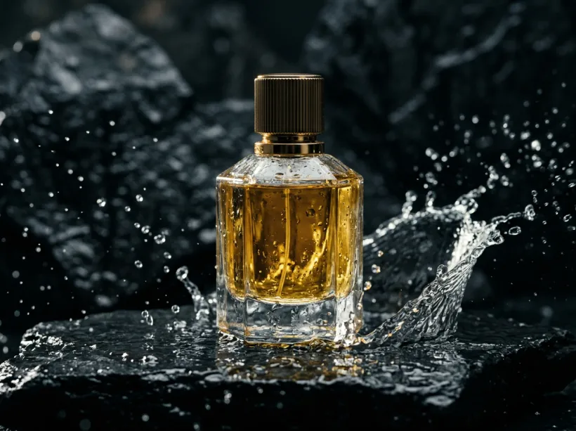 Glass perfume bottle with golden liquid resting on a dark wet rock surrounded by splashing water droplets