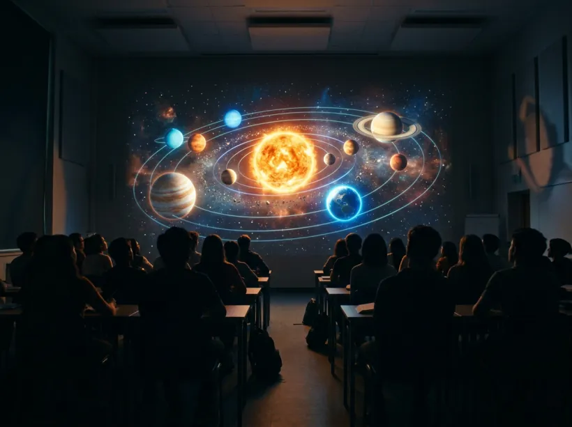 Students sitting in a dark classroom watching a glowing projection of the solar system on a wall
