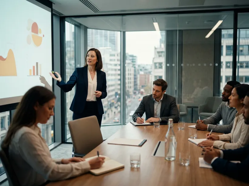 Businesswoman presenting data on a projection screen to colleagues in a modern glass-walled boardroom