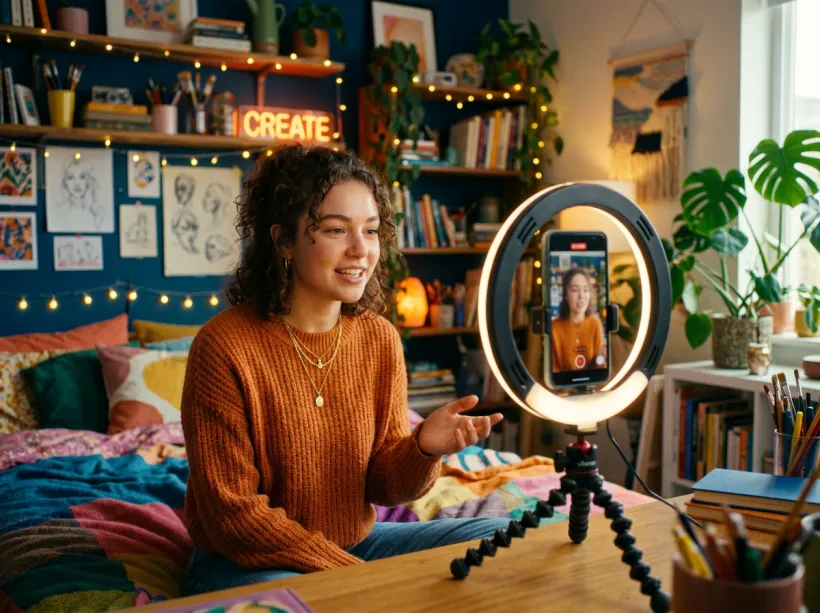 Young woman in an orange sweater recording a video on her smartphone mounted on a ring light tripod