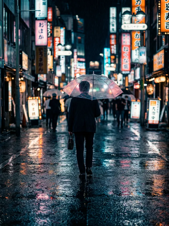 Man in a suit holding a clear umbrella walking down a rain-slicked city street with glowing neon signs