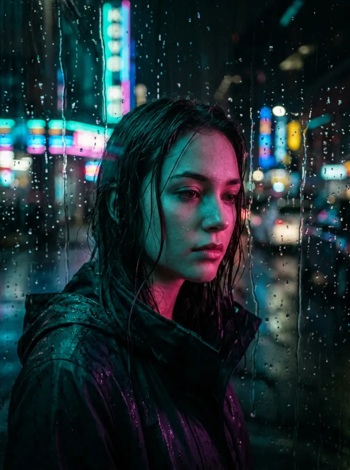 Wet-haired girl looking through a rain-streaked window at a city street with glowing neon lights