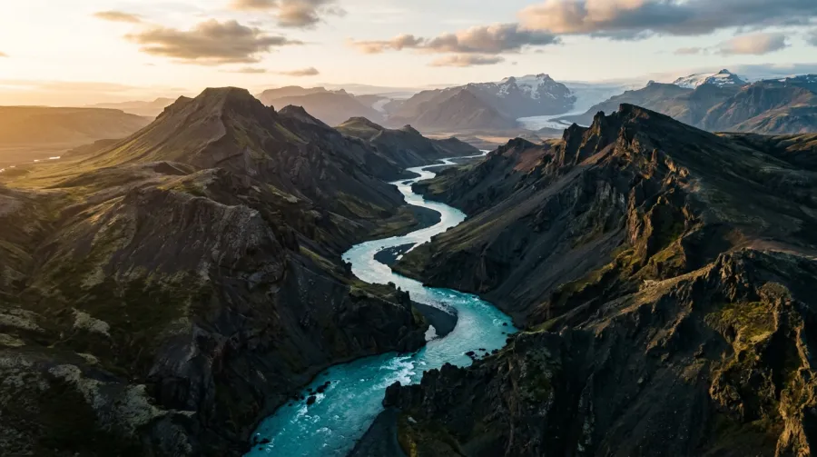 Winding turquoise river flowing through a deep valley between dark rugged mountain peaks at sunset