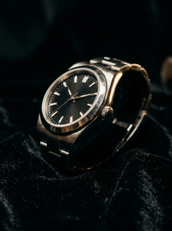 Metallic wristwatch with a black textured dial resting on a dark velvet surface