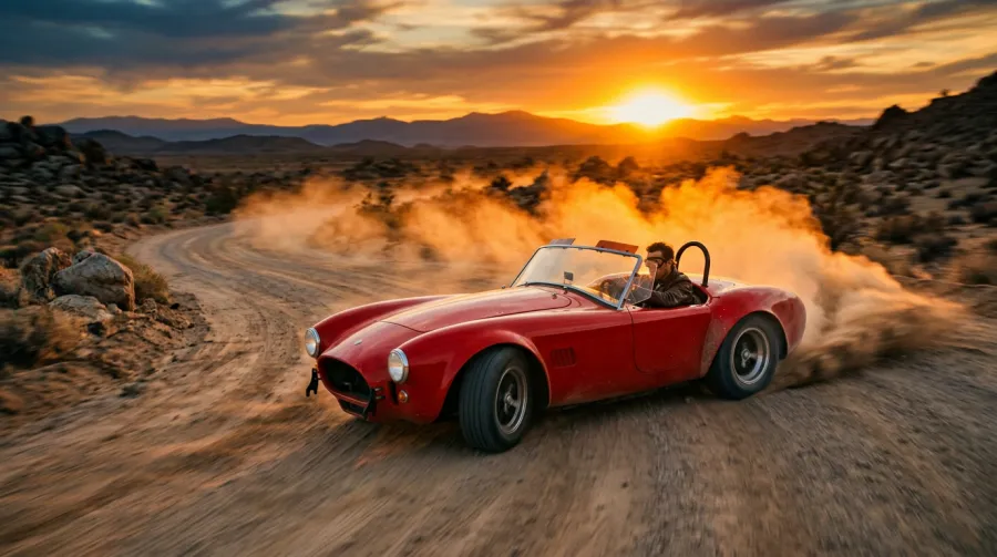 Red vintage convertible sports car driving on a dusty desert road at sunset with mountains in the distance
