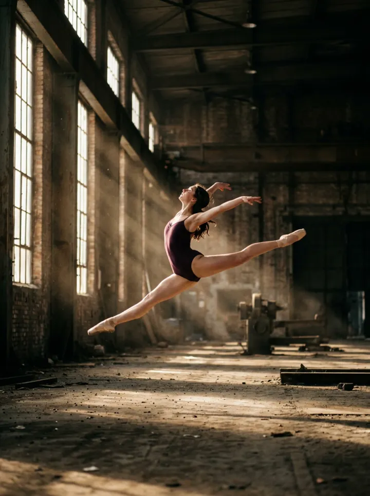 Ballerina in a dark leotard leaping through a sunlit, dusty industrial warehouse with tall windows