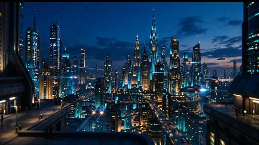 City skyline used to preview camera moves and framing