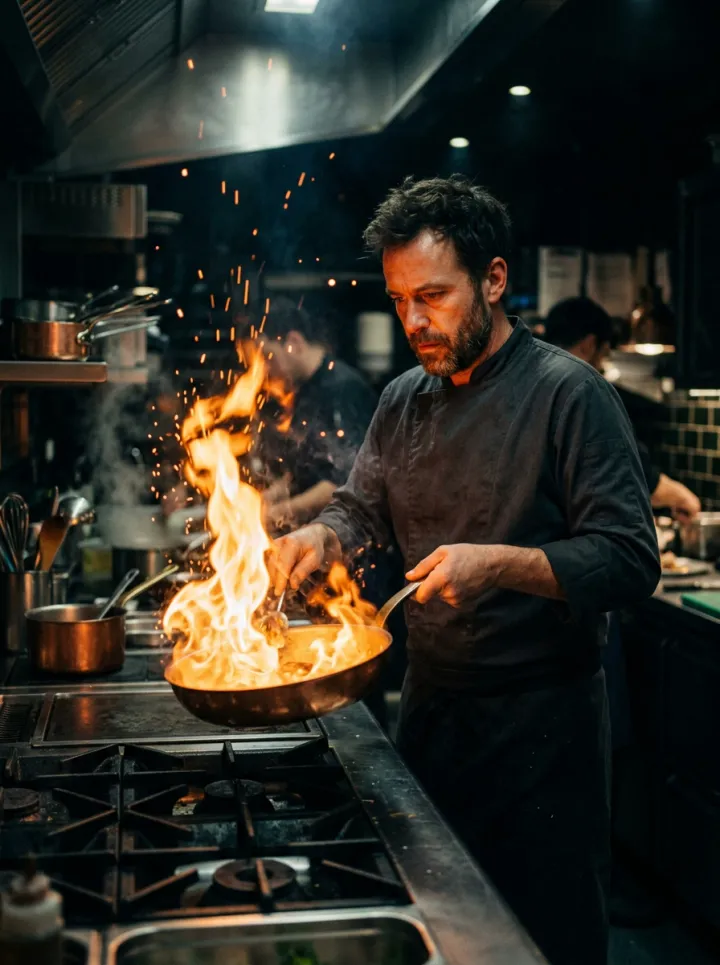 Bearded chef in a dark uniform tossing food in a flaming pan inside a busy professional kitchen