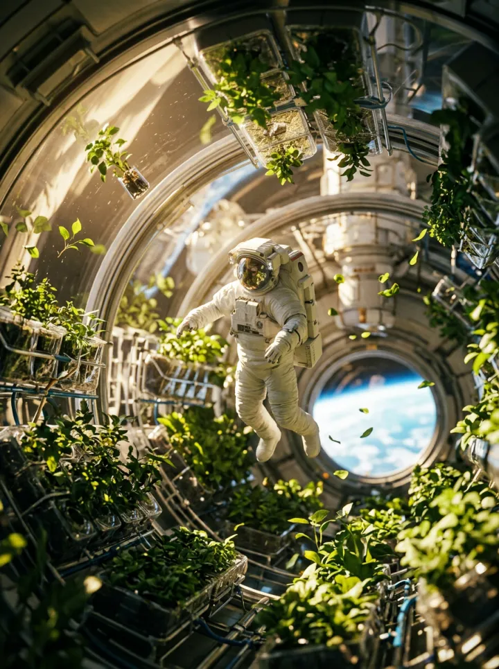 Astronaut floating inside a cylindrical space station greenhouse filled with lush green plants
