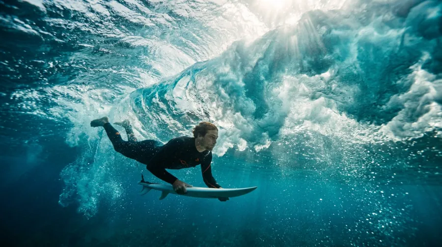 Surfer in a black wetsuit diving underwater with a surfboard beneath a crashing ocean wave