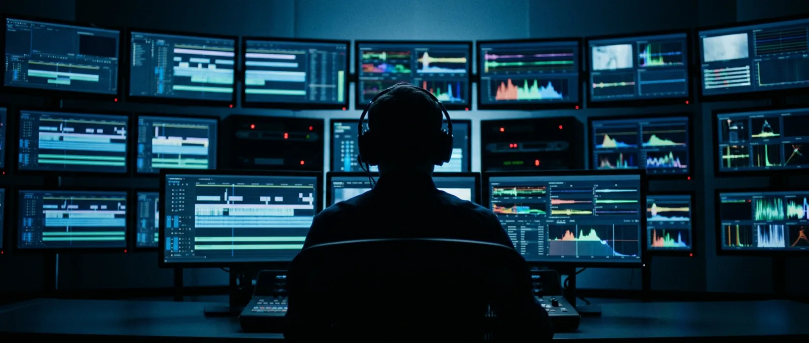 Silhouetted technician wearing headphones while monitoring multiple glowing screens in a dark control room