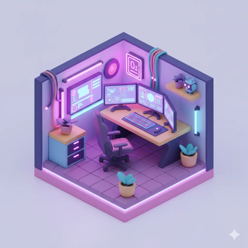 3D isometric illustration of a gamer room generated by AI