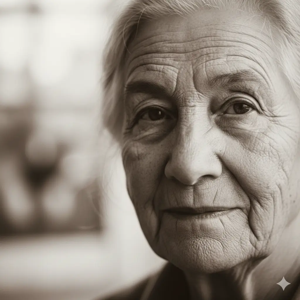 Photorealistic portrait of an elderly woman generated by AI