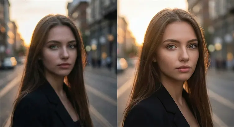 Before/after image enhancement — улучшен контраст, кожа стала естественнее, убран блюр