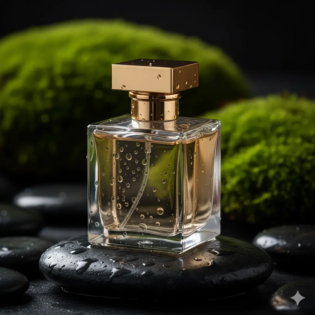 Product photography of a perfume bottle generated by AI