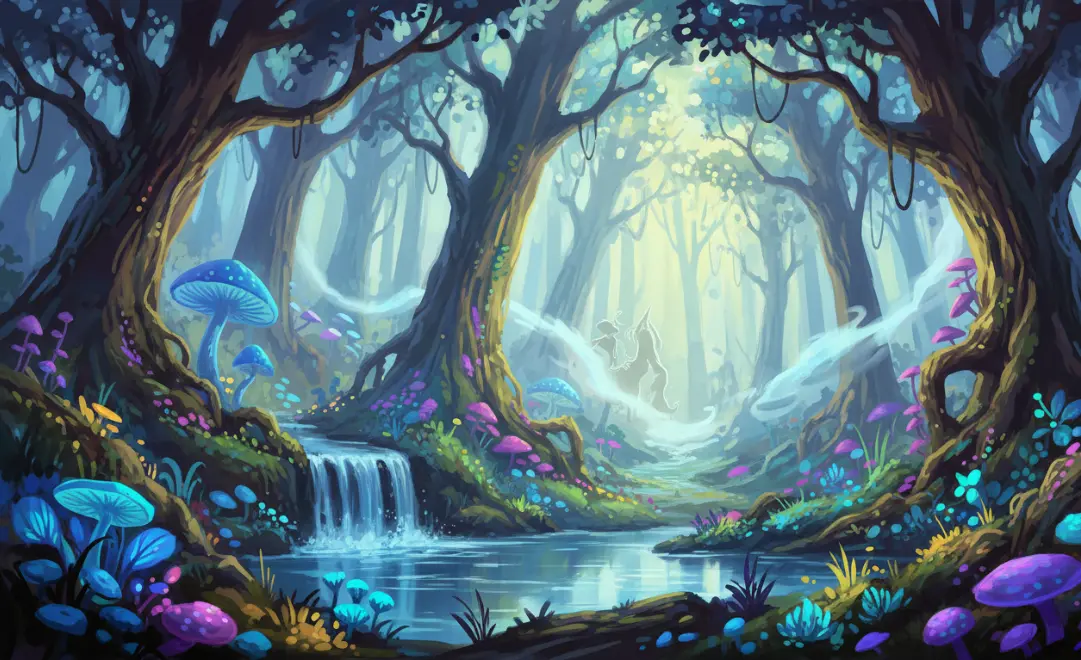 Photorealistic 4k unique image: Fantasy forest, diffused lighting, digital painting