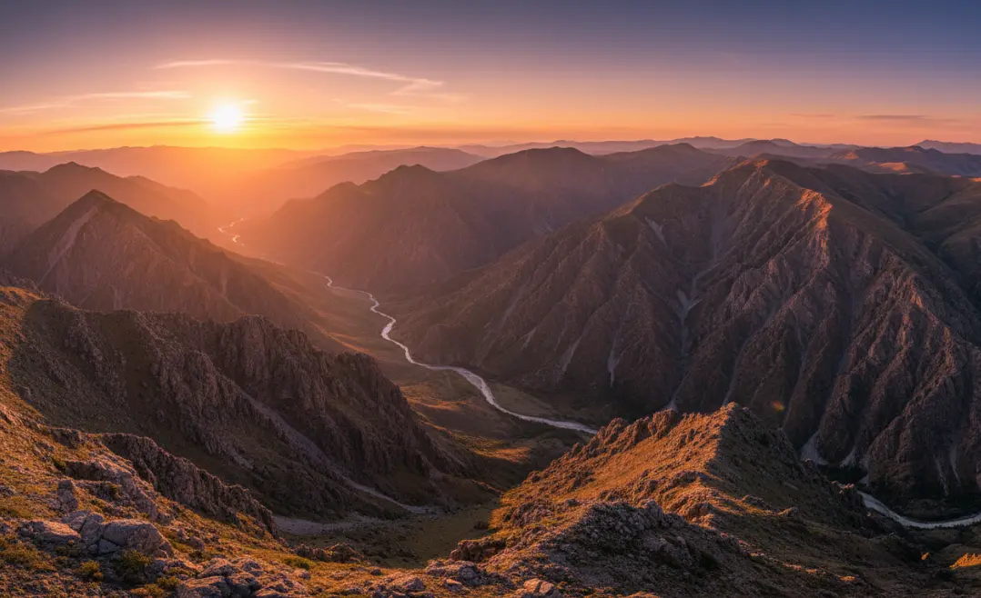 Photorealistic 4k unique image: Mountain landscape, golden hour, wide-angle lens