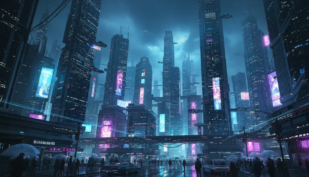 Photorealistic 4k unique image: Sci-fi cityscape, neon lights, cyberpunk aesthetic