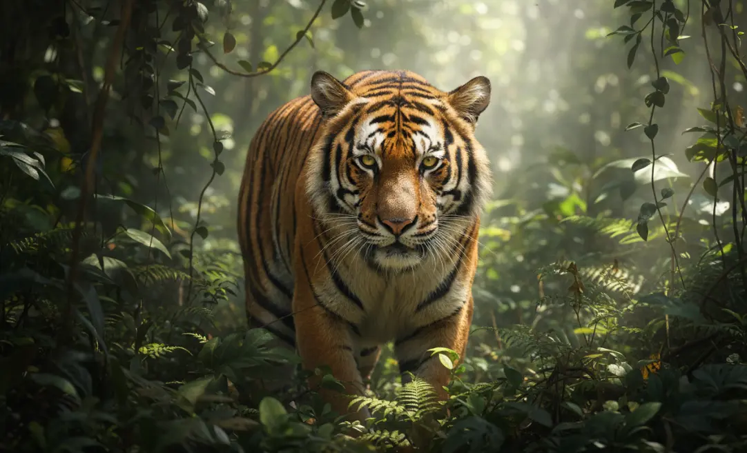 Photorealistic 4k unique image: Tiger, midday sunlight, 200mm telephoto